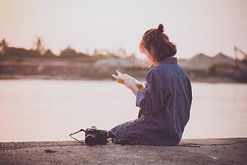 tramonto, donna, lettura, tempo libero, rilassamento, natura, riposo, ragazza, vietnamita, carina, telecamera