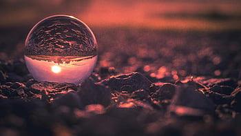 lensball, skleněná koule, oblázky, Závalný západ slunce, odraz, Umělecké zajetí, detailní fotografie, západ slunce scenérie, venkovní fotografie, fotografování přírody