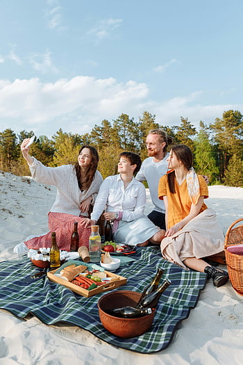 picnic sulla spiaggia, selfie di gruppo, giorno soleggiato, Amici allegri, coperta da picnic, raduno all'aperto, Condimento spalmabile, spiaggia, attività estiva, gita casuale, sullo sfondo della natura