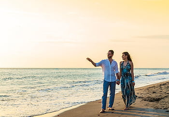 beach, couple, love, sunset, nature, sea, coast, seashore, marriage, together, romance