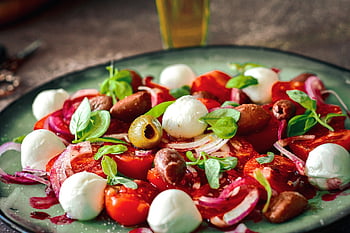 rajčatový salát, cibule, mozarella, rajčata, obvaz, startér, vegetariánský, olivový olej, zdravý, výživa, jídlo