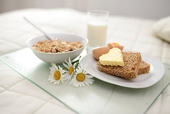 prima colazione, colazione a letto, cereale, pagnotta, burro, Camera da letto, stile di vita, comfort, pasto, rilassare, salutare