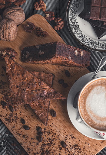 cappuccino, chocolate pastries, nuts, wooden board, gourmet food, top view, coffee, dessert, chocolate, walnuts, coffee beans