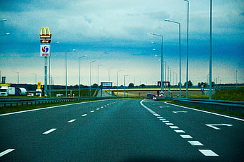 asfalt, napęd, droga ekspresowa, Mcdonalds, perspektywiczny, Droga, zdjęcia z podróży, Autostrada, stacja paliw, lotos, pochmurne niebo