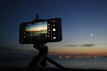 smartphone, τρίποδο, η δυση του ηλιου, ωκεανός, απόγευμα, φωτογραφία, βγάζω φωτογραφίες, κινητή φωτογραφία, τοπίο, σούρουπο, φεγγάρι