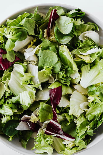 salad, lettuce, spinach, mixed green salad, white bowl, vegan diets, healthy salad, top view, green vegetables, fresh salad, vegetarian food