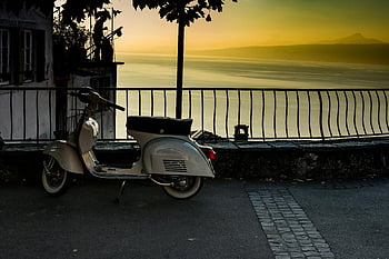 koloběžka, zaparkované skútr, Klasický skútr, malebné zábradlí, západ slunce, jezero, venkovní, Vintage skútr, motorový skútr, u jezera
