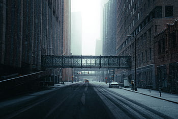 Zasněžená ulice, Downtown Minneapolis, mrakodrapy, most pro chodce, náladová zimní scéna, prázdné silnici, výškové budovy, městské krajiny, panoráma města, zimní město, sněžení