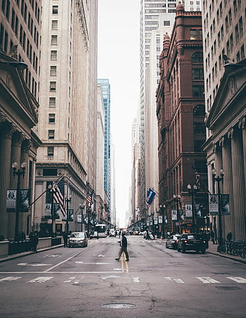 persona che cammina, strada, Attraversamento pedonale, Busting Chicago Street, grattacieli, paesaggio urbano, scena urbana, chicago del centro, vista stradale, vita di città, architettura