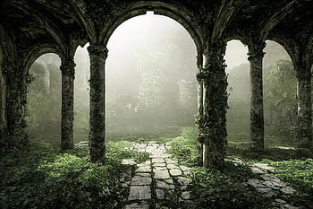 Tempel, bewachsen, alt, Gebäude, nebelig, Pfad, zugrunde richten, Ai generiert