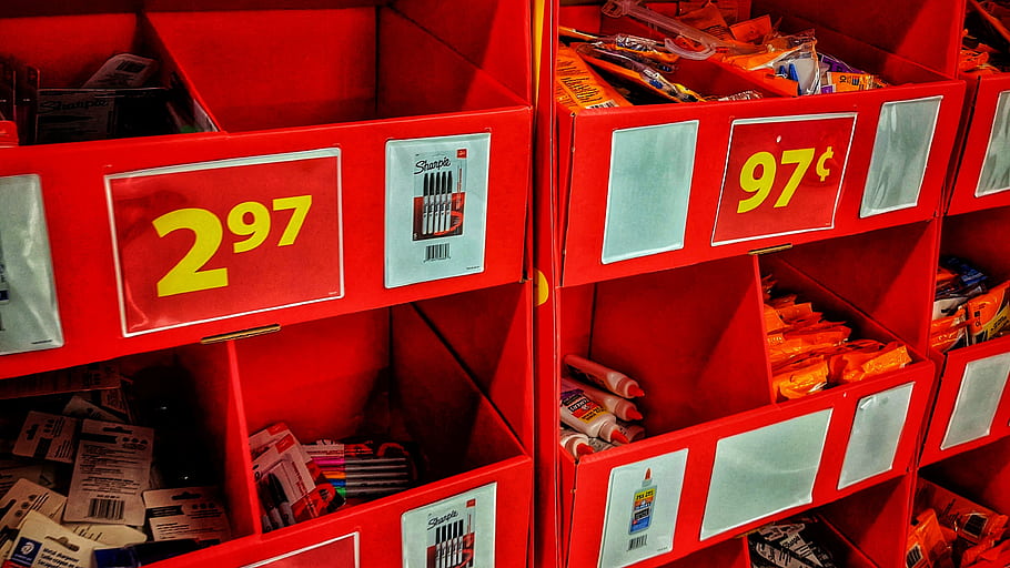 back to school, school supplies, red bins, price tags, stationery, pencils, markers, glue sticks, classroom, shopping, deals