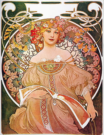 Alphonse Mucha, 아르누보, 환상, 백일몽, 핀업, 높은 해상도, 꽃 무늬의, 여자, 드레스, 화려한, 포도 수확