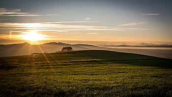 sunset, grass, hills, mountains, fog, haze, mist, grasslands, meadow, field, mountain Range