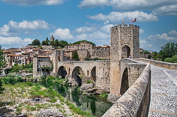 středověké vesnice, věž, architektura, řeka, besalú, girona, Španělsko, krajina