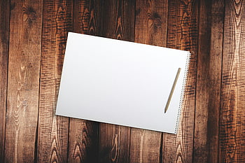 lápiz, cuaderno de dibujo espiral, cuaderno abierto, paginas en blanco, mesa de madera, proyectos creativos, proyectos educativos, vista superior, papelería, espacio de trabajo, artículos de arte