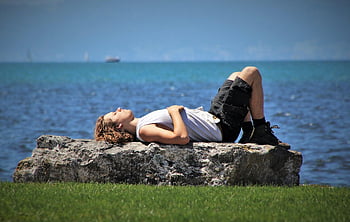 rilassamento, giorno soleggiato, spiaggia, lago, prendere il sole, hai, estate blu, silenzioso, pietra, maschio, bodensee