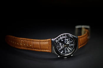 orologio argento rotondo, orologio cronografo, orologio color argento, Cinturino in pelle, orologio di lusso, orologio da polso, orologio analogico, orologio, orologio da uomo, quadrante nero, cinturino marrone