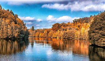 paesaggio autunnale, fogliame vibrante, fiume calmo, carta da parati della natura, alberi autunnali, riflessione del fiume, natura serena, scenario autunnale, foglie colorate, bellezza naturale, paesaggio tranquillo