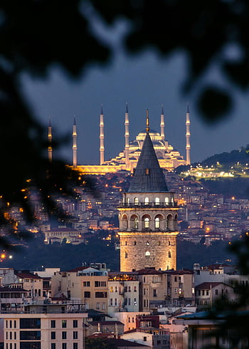 İstanbul, galata kulesi, süleymaniye camii, gece görüşü, şehrin silueti, akşam, ikonik yerler, Türkiye, şehir manzarası, aydınlatılmış mimari, uzak cami
