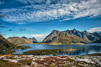 νησιά lofoten, βουνά, φιόρδ, nordland, Νορβηγία, πυροβολισμό, γαλήνιο νερό, ζωντανός ουρανός, γραφική θέα, φυσικό τοπίο, σκηνική ομορφιά