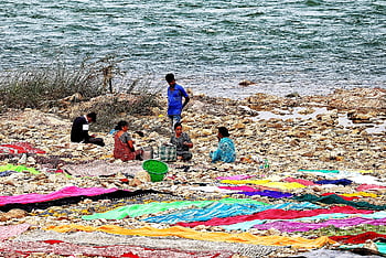 india, laundry, flow, cloths, dry, riverbank, laundress