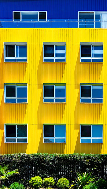 gelbe und blaue Fassade, modernes städtisches Wohngebäude, buntes Gebäude, gelbes Gebäude, blaues Gebäude, Wohngebäude der Stadt, Stadtarchitektur, moderne Architektur, Gebäudefassade, Wohnarchitektur, bunte Fassade