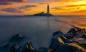 maják sv, západ slunce, Vibrující nebe, klidné moře, Scénická fotka, maják, skalnaté pobřeží, dlouhé expozice, výhled na pobřeží, Večerní světlo, pohled na oceán