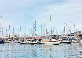 boats, port, sea, sailboats, sailing Boats, harbor, bay, ocean, water, city, barcelona
