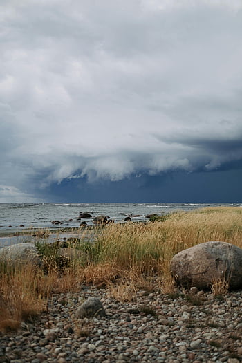 stora stenar, högt gräs, flodstrand, kraftfull storm, stenig kustlinje, dramatisk skönhet, stormig himmel, naturligt landskap, kustlandskap, mulet väder, dramatiska moln