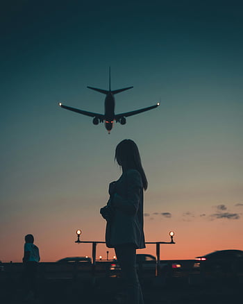 woman, runway, airplane, dusk, airport, silhouette, evening, sky, travel, transportation, landing