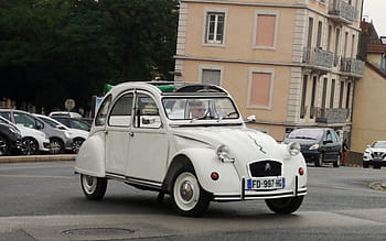 Citroen, 2CV, car, vintage, white, license plate, street, building, parked cars, Perrier, France