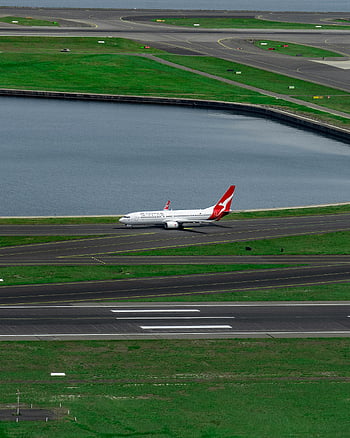 white and red airplane, runway, commercial airplane, green fields, water backdrop, airport scene, Qantas plane, aircraft on runway, aviation photography, airport landscape, plane taxiing