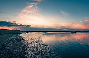 mer, le coucher du soleil, océan, la nature, eau, paysage marin, plage, paysage, côte, crépuscule, bateau