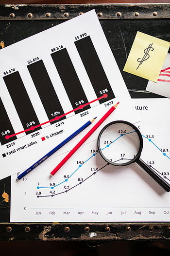 documenti finanziari, grafici, lente d'ingrandimento, matite, Analisi dettagliata, vendite al dettaglio, variazione percentuale, nota adesiva, simbolo del dollaro, Visualizzazione dati