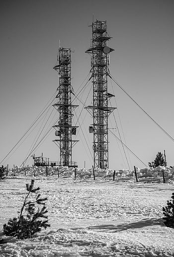 pylons, radio Towers, countryside, mountain, winter, black And White
