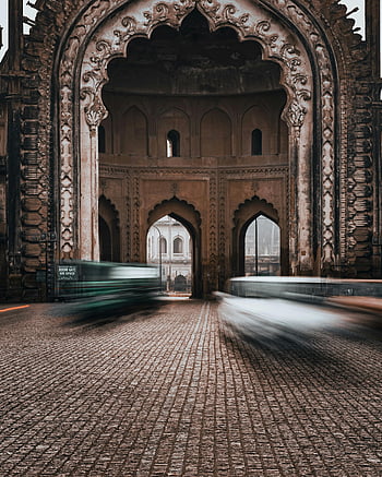 Rumi Darwaza, Lucknow, long exposure, historic architecture, motion blur, brown and beige, concrete building, archway, cobblestone street, India, heritage site