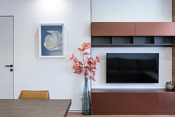 Moderne tv -set, modern appartement, stijlvol decor, woonkamer, artwork, vaas met bloemen, eigentijdse meubels, interieur ontwerp, flatscreen tv, Moderne kunstwerken, eettafel