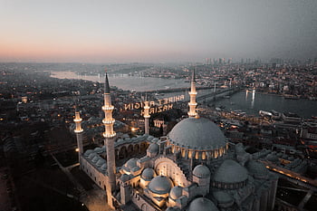 mešita suleymaniye, Istanbul, letecký pohled, panoráma města, západ slunce, mešita architektura, kopule, minarety, Bospor, krocan, městské panorama
