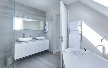 white bathroom, contemporary bathroom, minimalist design, luxury bathroom, twin sinks, bathtub, sleek bathroom, modern bathroom, white interior, bathroom design, luxury interior