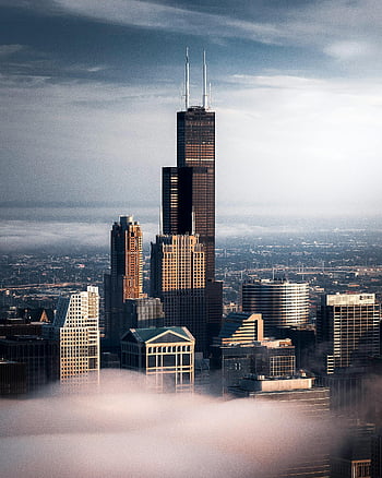 l'horizon, Willis Tower, gratte-ciel contemporain, paysage urbain du centre-ville, vue aérienne, ciel nuageux, architecture urbaine, bâtiments modernes, vue de la ville, photographie de gratte-ciel, paysage urbain de chicago
