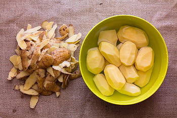 brambory, oloupané, kůra, brambor, jídlo, kuchařka, drsný, zelenina, jíst, vaření, vegan