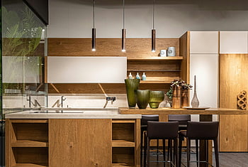 Cozinha contemporânea, móveis elegantes, armários de madeira, decoração minimalista, cozinha moderna, design elegante, móveis vazios, ilha de cozinha, luzes pendentes, bancos de bar, design de interiores