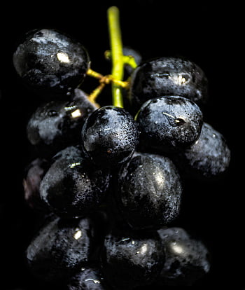 black grapes, close-up, wet grapes, vibrant glow, black background, fresh grapes, fruit photography, dark background, grape cluster, high contrast, macro photography