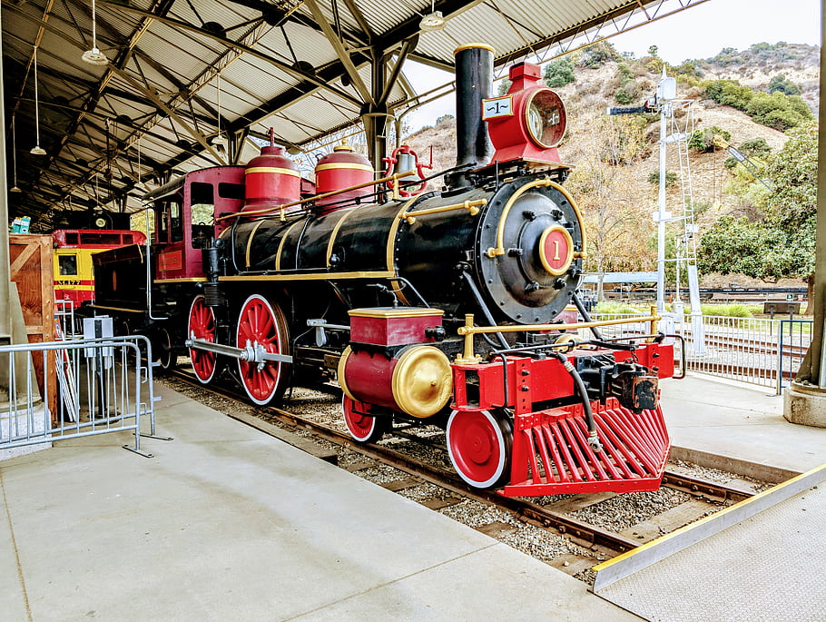 parní lokomotiva, červená barva, Muzeum cestovního města, griffith park, Los Angeles, vinobraní, přeprava, barva, volný, uvolnit, usa