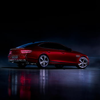 Rote Genesis G80, Luxusauto, elegantes Design, Nachteinstellung, dramatische Beleuchtung, rotes Auto, Genesis G80, stilvolles Auto, Autofotografie, Automobildesign, Auto Showcase