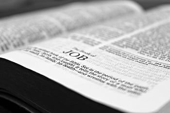 Job, print, book, Bible, close-up, black and white, Book of Job, religious text, scripture, page, text