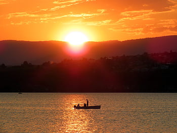 båt, solnedgang, innsjø, skumring, vann, Murten-regionen, Kanton Freiburg, Sveits, tre innsjøer, skyer