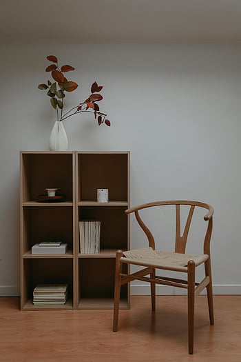 kahverengi sandalye, ahşap kitaplık, dekoratif vazo, minimalist oda, şık iç, Kitaplıkta bitki, ahşap zemin, modern mobilya, ev dekoru, iç mekan ayarı, basit tasarım