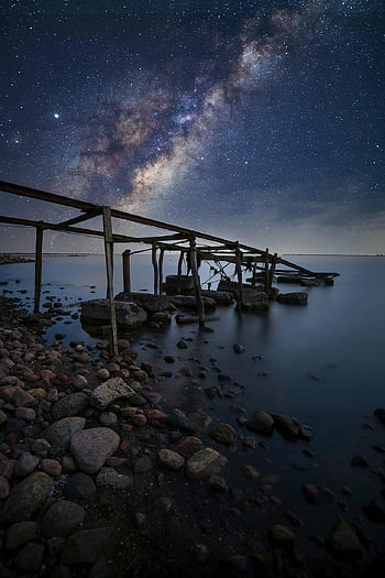 céu noturno, lago, rochas, pedras, estrelas, estrelado, céu, noite, tarde, galáxia, universo