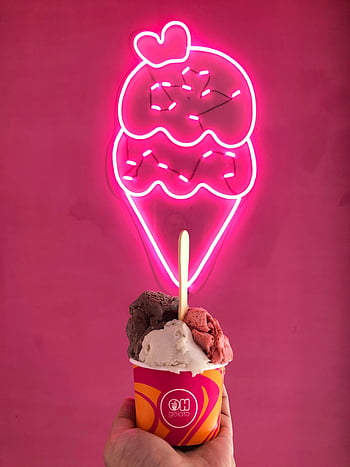 pink ice cream, brown ice cream, colorful gelato, pink neon sign, vibrant wall, ice cream cup, gelato cup, ice cream cone, pink background, dessert, sweet treat